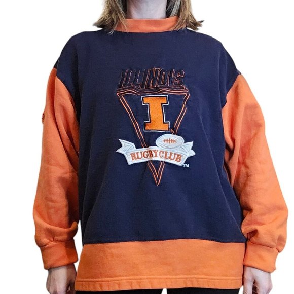 Vintage‎ 90s Fighting Illini Rugby Club Football Crewneck M Blue DSJ 96 Boxy